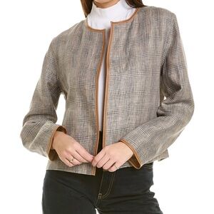 Lafayette 148 Women Open Front Checkered Tan/ Gray Linen Jacket Leather Trim Med